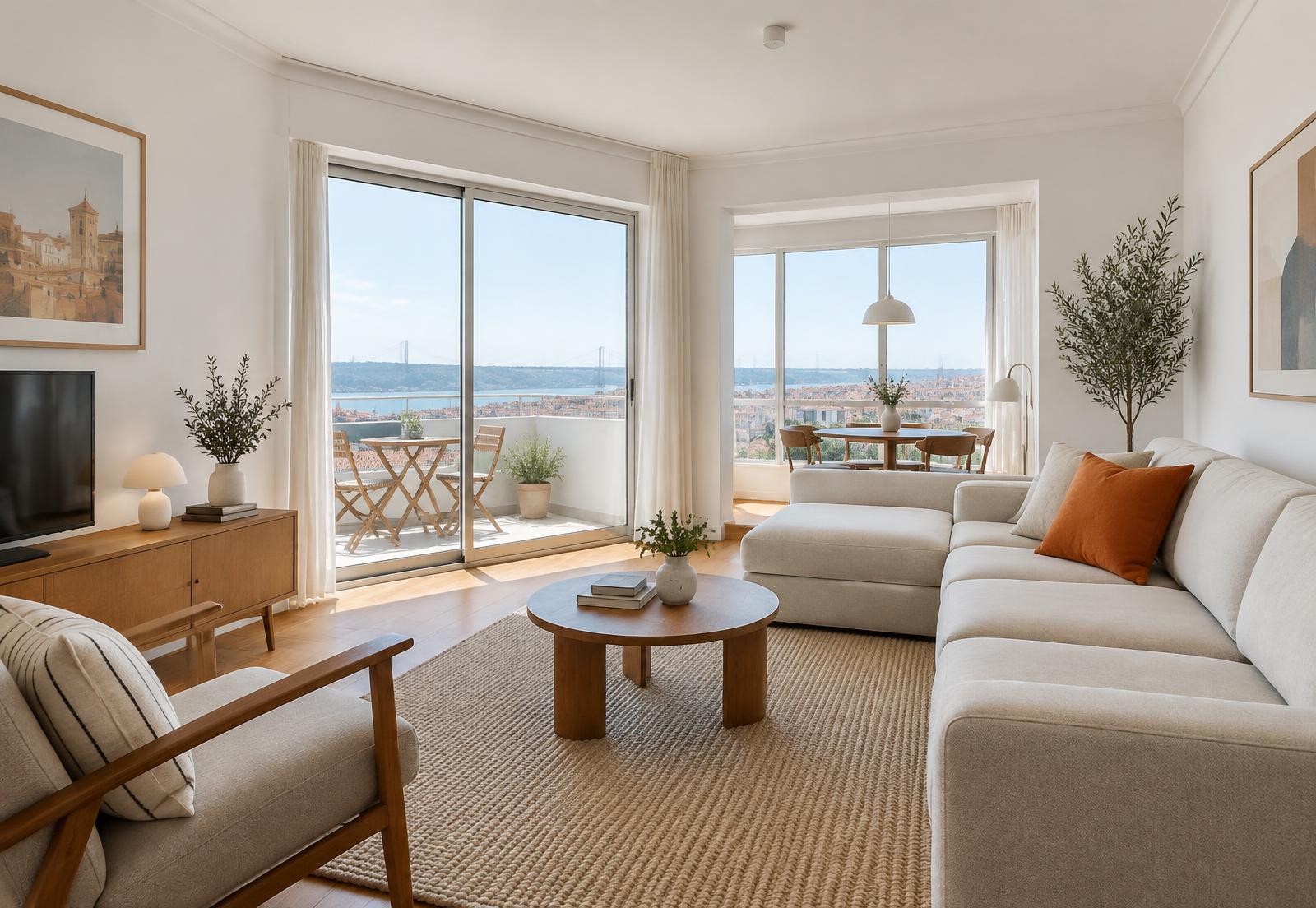 Sala luminosa de um apartamento moderno disponível para arrendamento